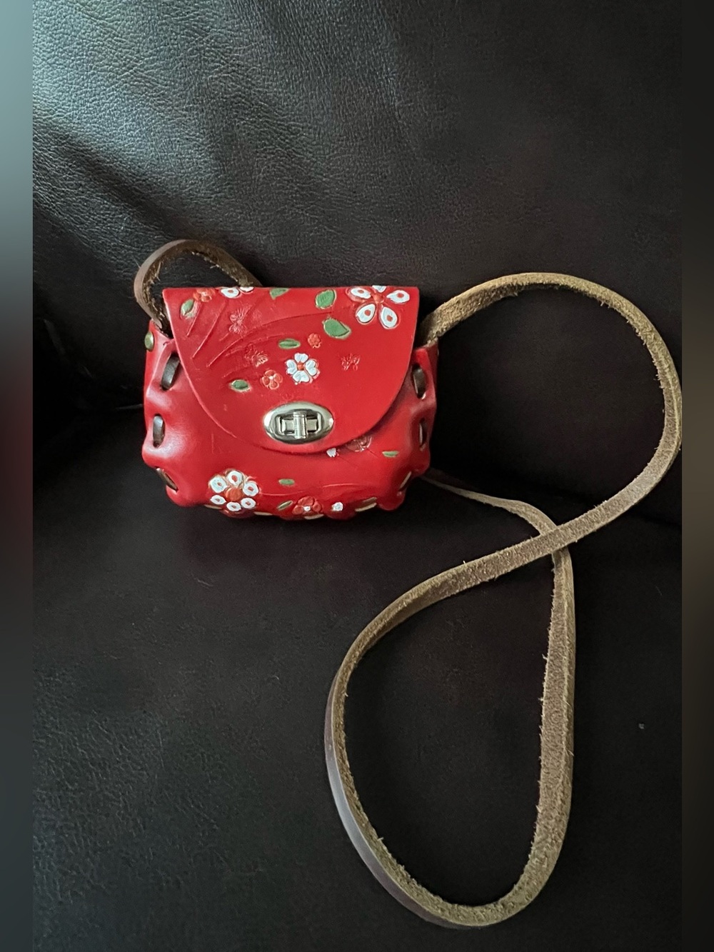 Vintage Mexican Hand Tooled Leather Crossbody Pouch Mini Red Floral Hand Painted